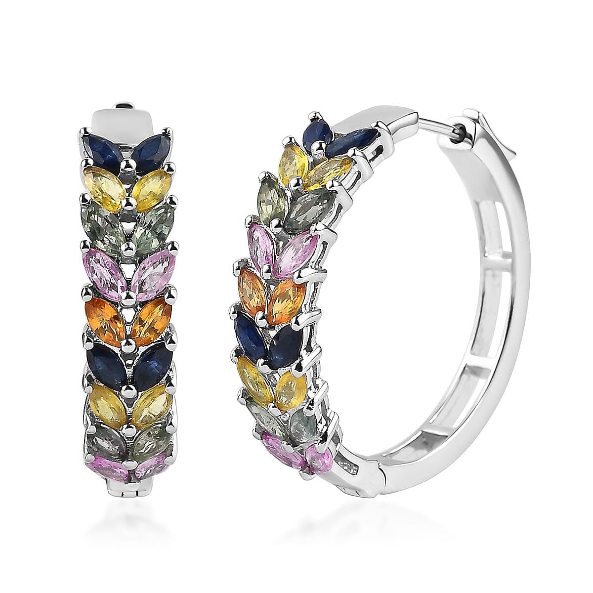 Multi Sapphire Floral Spray Hoop Earrings in Platinum Over Sterling Silver 6.50 ctw