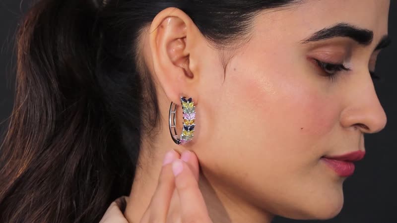 Multi Sapphire Floral Spray Hoop Earrings in Platinum Over Sterling Silver 6.50 ctw
