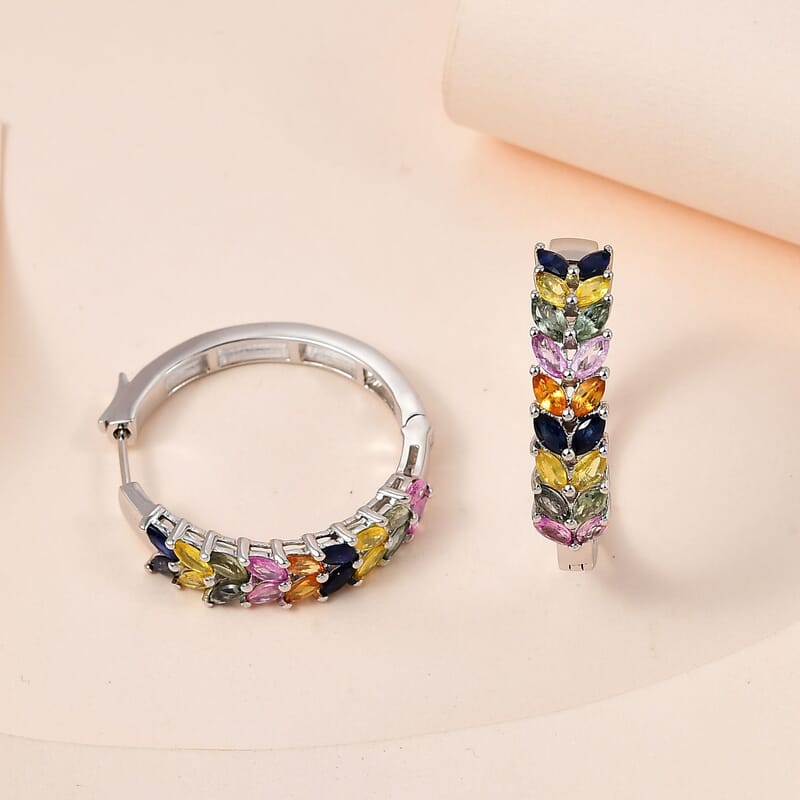 Multi Sapphire Floral Spray Hoop Earrings in Platinum Over Sterling Silver 6.50 ctw