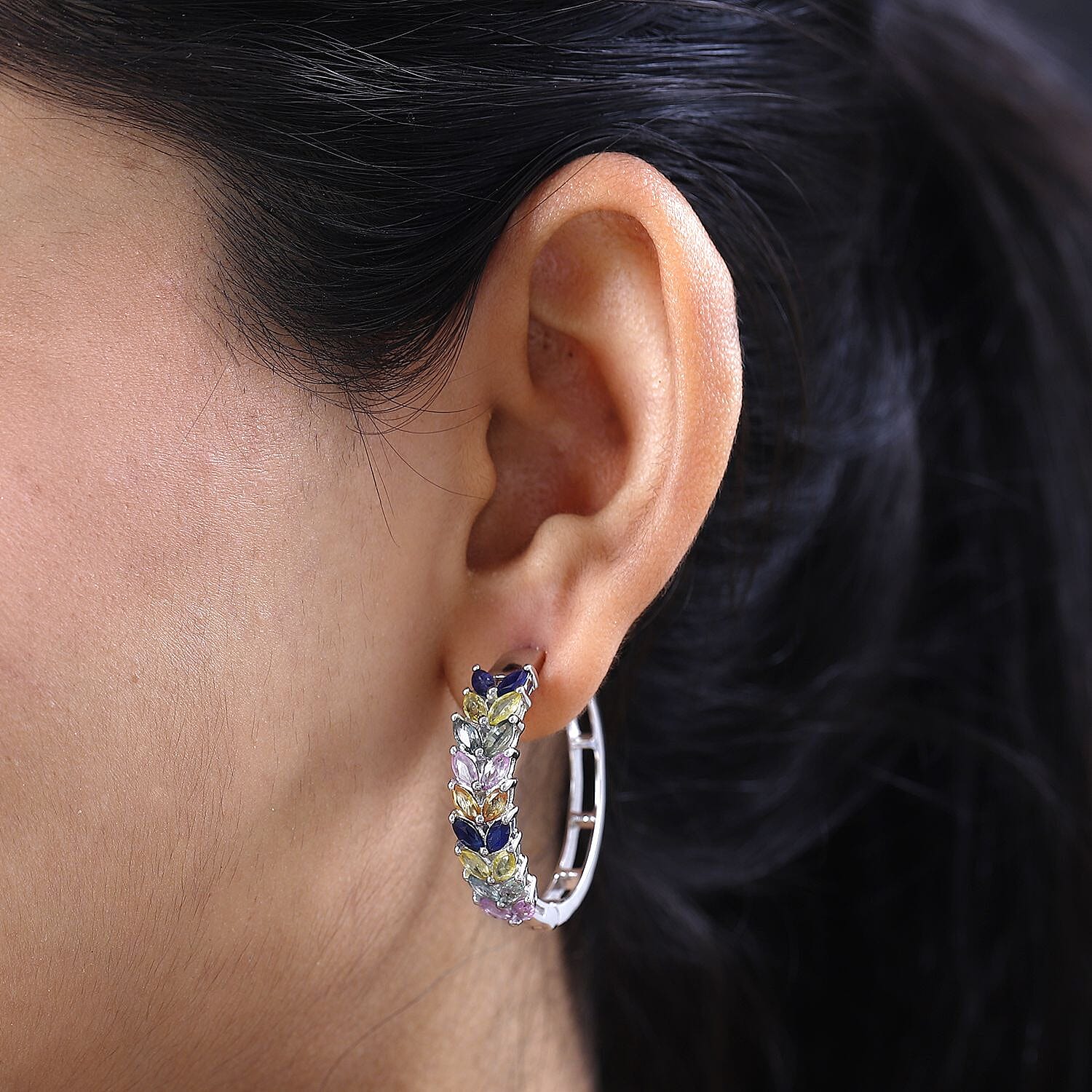 Multi Sapphire Floral Spray Hoop Earrings in Platinum Over Sterling Silver 6.50 ctw