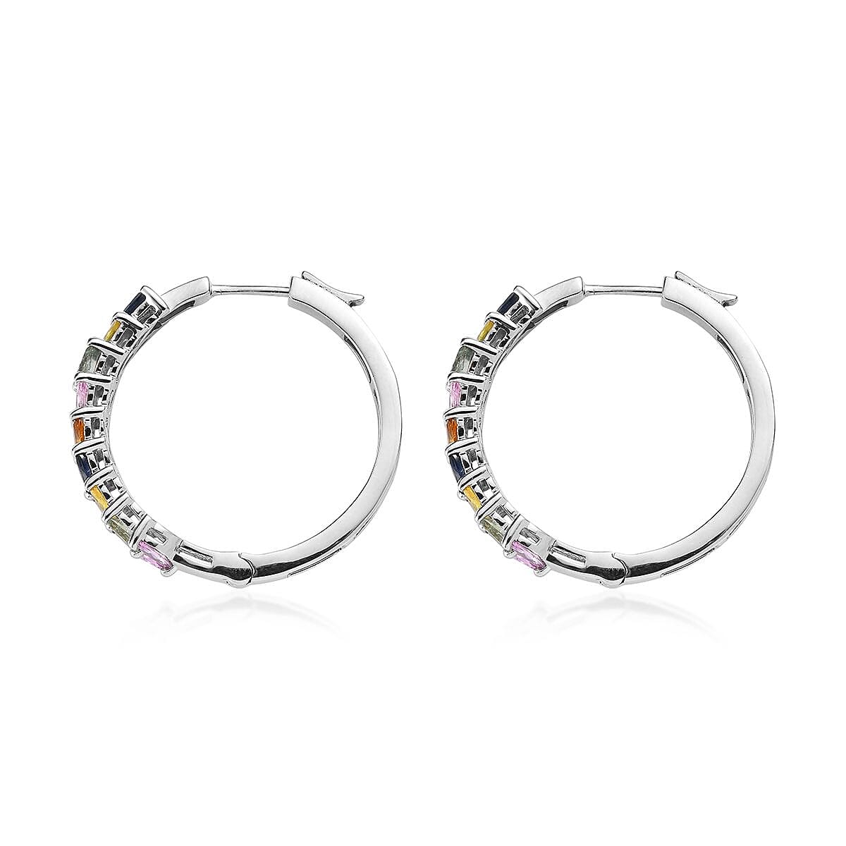 Multi Sapphire Floral Spray Hoop Earrings in Platinum Over Sterling Silver 6.50 ctw