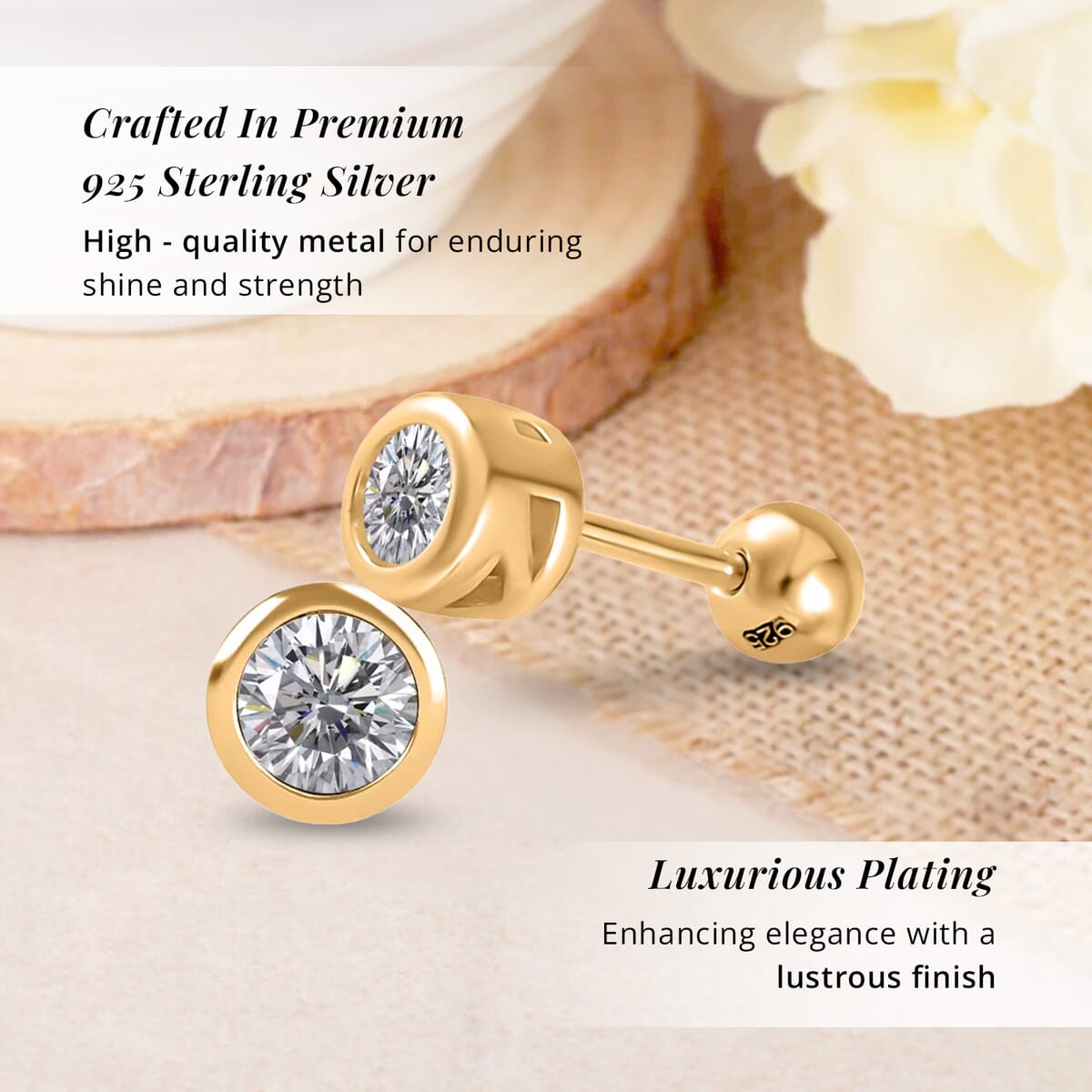 Poke Free Moissanite 0.50 ctw Stud Earrings in Vermeil Yellow Gold Over Sterling Silver image number 2
