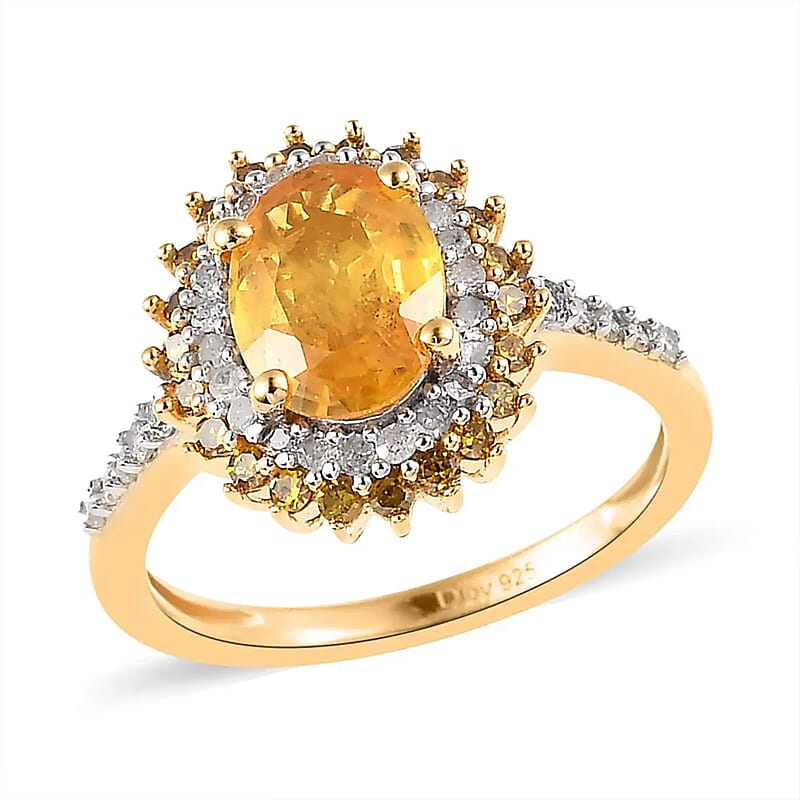 Madagascar Yellow Sapphire, Yellow and White Diamond 2.10 ctw Double Halo Ring in Vermeil Yellow Gold Over Sterling Silver (Size 10.0)