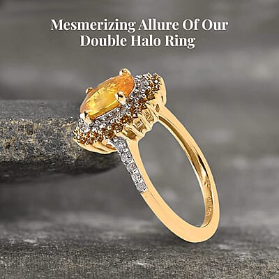 Madagascar Yellow Sapphire, Yellow and White Diamond 2.10 ctw Double Halo Ring in Vermeil Yellow Gold Over Sterling Silver (Size 10.0)