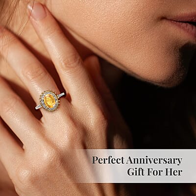 Madagascar Yellow Sapphire, Yellow and White Diamond 2.10 ctw Double Halo Ring in Vermeil Yellow Gold Over Sterling Silver (Size 10.0)