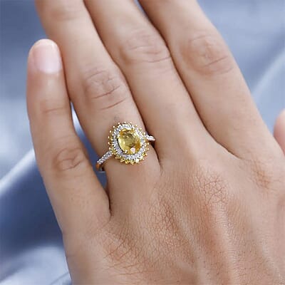 Madagascar Yellow Sapphire, Yellow and White Diamond 2.10 ctw Double Halo Ring in Vermeil Yellow Gold Over Sterling Silver (Size 10.0)
