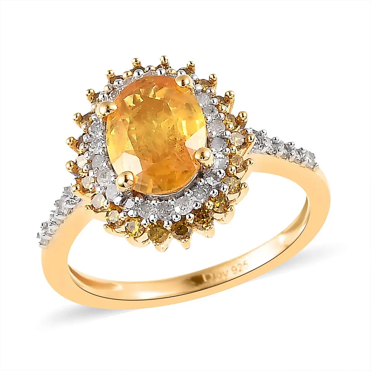 Madagascar Yellow Sapphire, Yellow and White Diamond Double Halo Ring in Vermeil Yellow Gold Over Sterling Silver (Size 8.0) 2.10 ctw image number 0