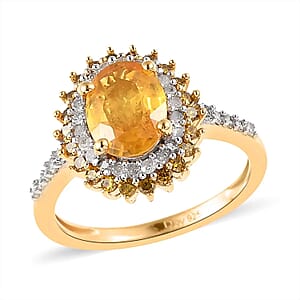 Madagascar Yellow Sapphire, Yellow and White Diamond Double Halo Ring in Vermeil Yellow Gold Over Sterling Silver (Size 8.0) 2.10 ctw
