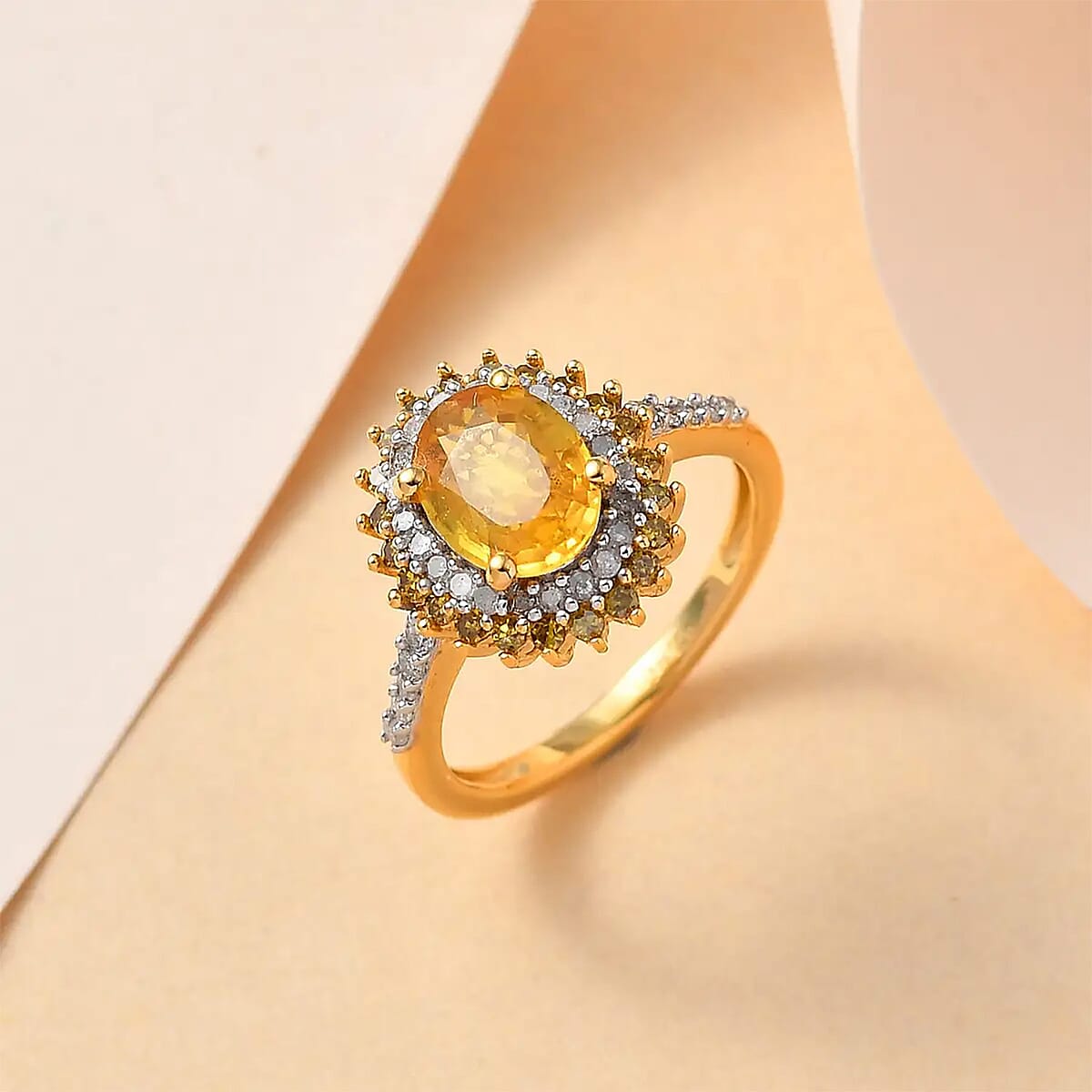 Madagascar Yellow Sapphire, Yellow and White Diamond Double Halo Ring in Vermeil Yellow Gold Over Sterling Silver (Size 8.0) 2.10 ctw image number 1