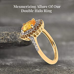 Madagascar Yellow Sapphire, Yellow and White Diamond Double Halo Ring in Vermeil Yellow Gold Over Sterling Silver (Size 8.0) 2.10 ctw