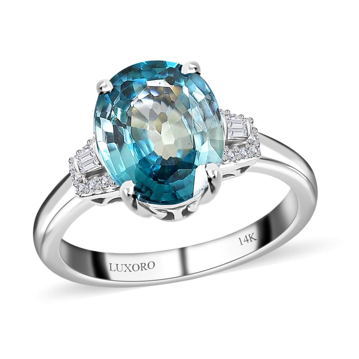 Luxoro 14K White Gold AAA Ratanakiri Blue Zircon and Diamond G-H I3 Ring 5.25 ctw image number 0