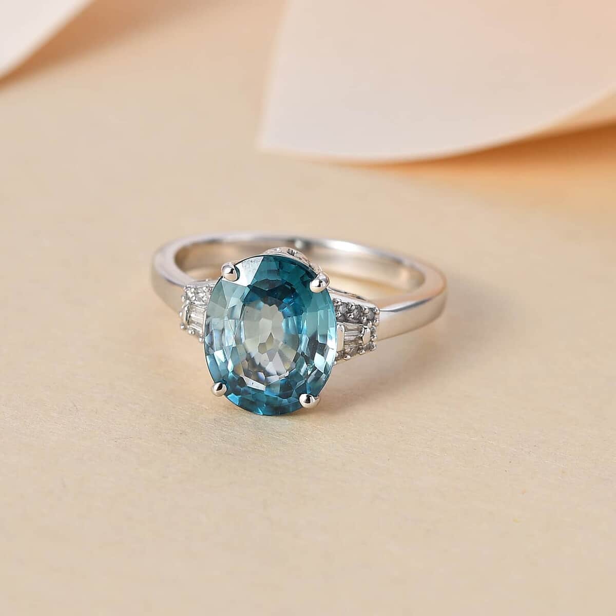 Luxoro 14K White Gold AAA Ratanakiri Blue Zircon and Diamond G-H I3 Ring (Size 10.0) 5.25 ctw image number 1