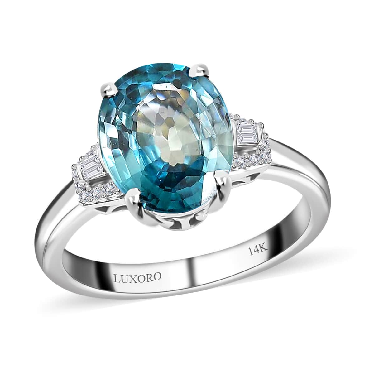 Luxoro 14K White Gold AAA Ratanakiri Blue Zircon and Diamond G-H I3 Ring (Size 6.0) 5.25 ctw image number 0