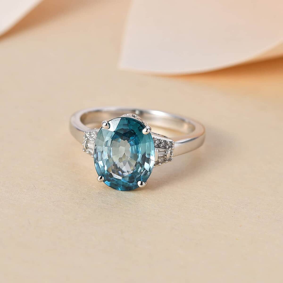 Luxoro 14K White Gold AAA Ratanakiri Blue Zircon and Diamond G-H I3 Ring (Size 6.0) 5.25 ctw image number 1