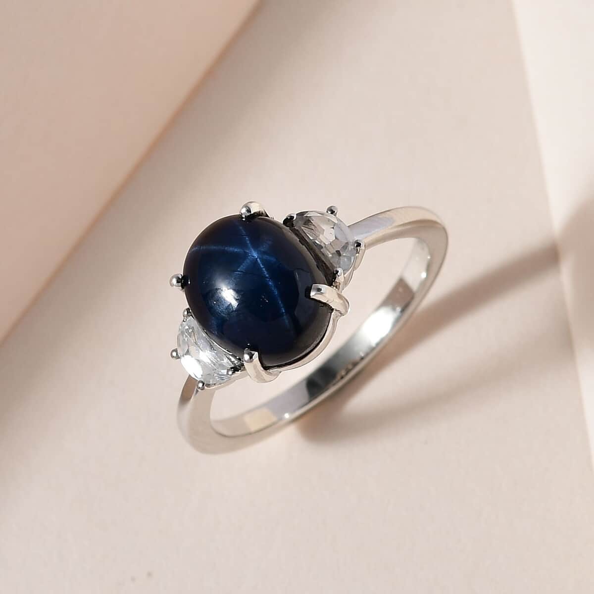 Blue Star Sapphire (DF) and White Zircon Ring in Platinum Over Sterling Silver 4.85 ctw image number 1