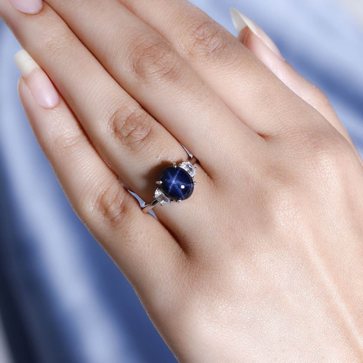 Blue Star Sapphire (DF) and White Zircon Ring in Platinum Over Sterling Silver 4.85 ctw image number 2