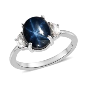 Blue Star Sapphire (DF) and White Zircon Ring in Platinum Over Sterling Silver (Size 6.0) 4.85 ctw