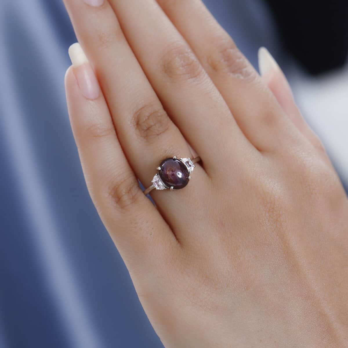 Indian Star Ruby and White Zircon Ring in Platinum Over Sterling Silver (Size 7.0) 5.65 ctw image number 2