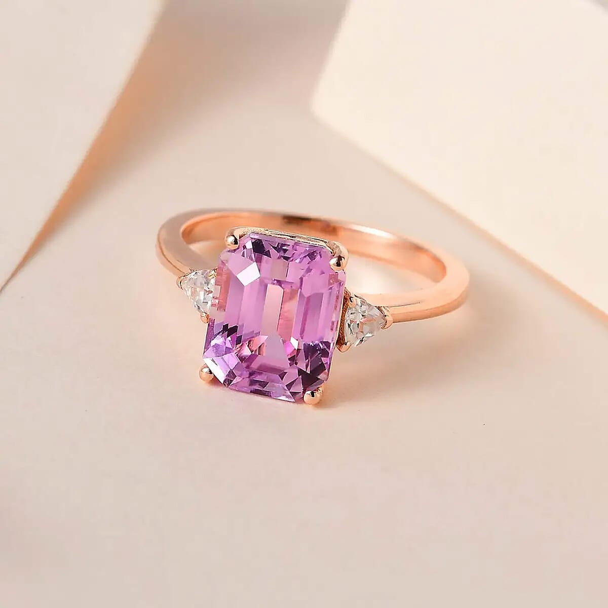 AAA Patroke Kunzite and White Zircon Ring in Vermeil Rose Gold Over Sterling Silver (Size 9.0) 3.50 ctw image number 1