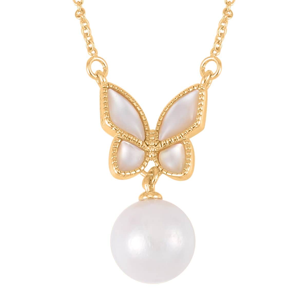 White Edison Pearl and Mother of Pearl Butterfly Necklace 20 Inches in Goldtone image number 0