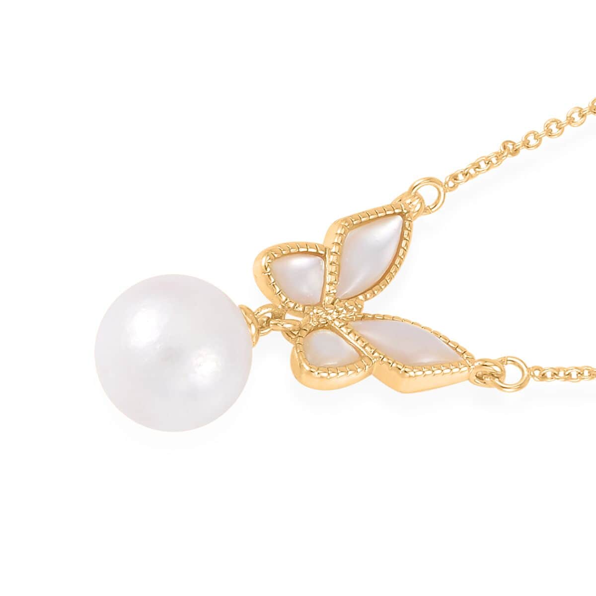 White Edison Pearl and Mother of Pearl Butterfly Necklace 20 Inches in Goldtone image number 3