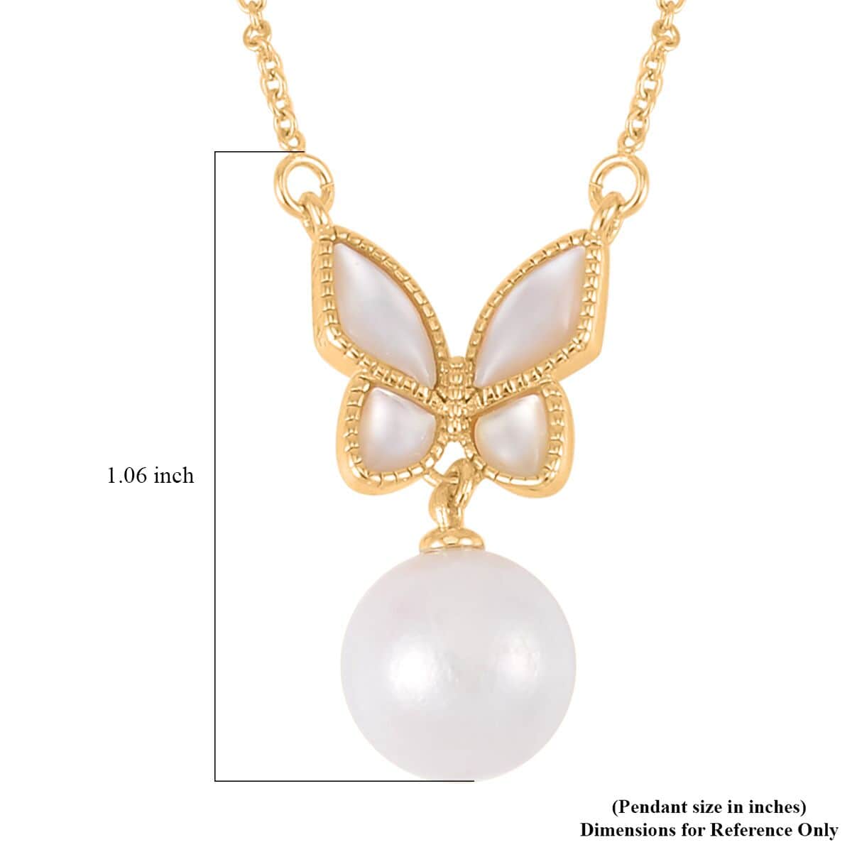 White Edison Pearl and Mother of Pearl Butterfly Necklace 20 Inches in Goldtone image number 4