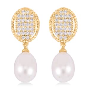 Freshwater Pearl and Simulated Diamond 0.10 ctw Drop Earrings in Goldtone