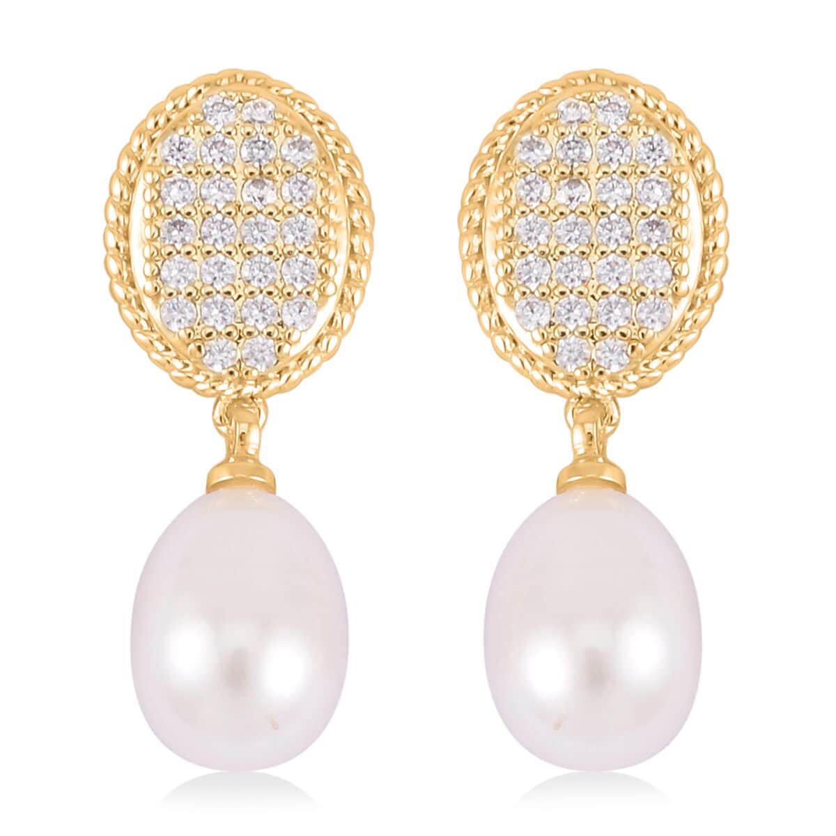 Freshwater Pearl and Simulated Diamond Drop Earrings in Goldtone 0.10 ctw image number 0