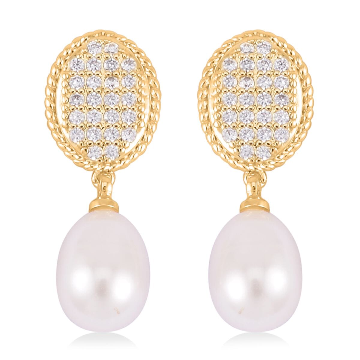 Freshwater Pearl and Simulated Diamond Drop Earrings in Goldtone 0.10 ctw image number 0