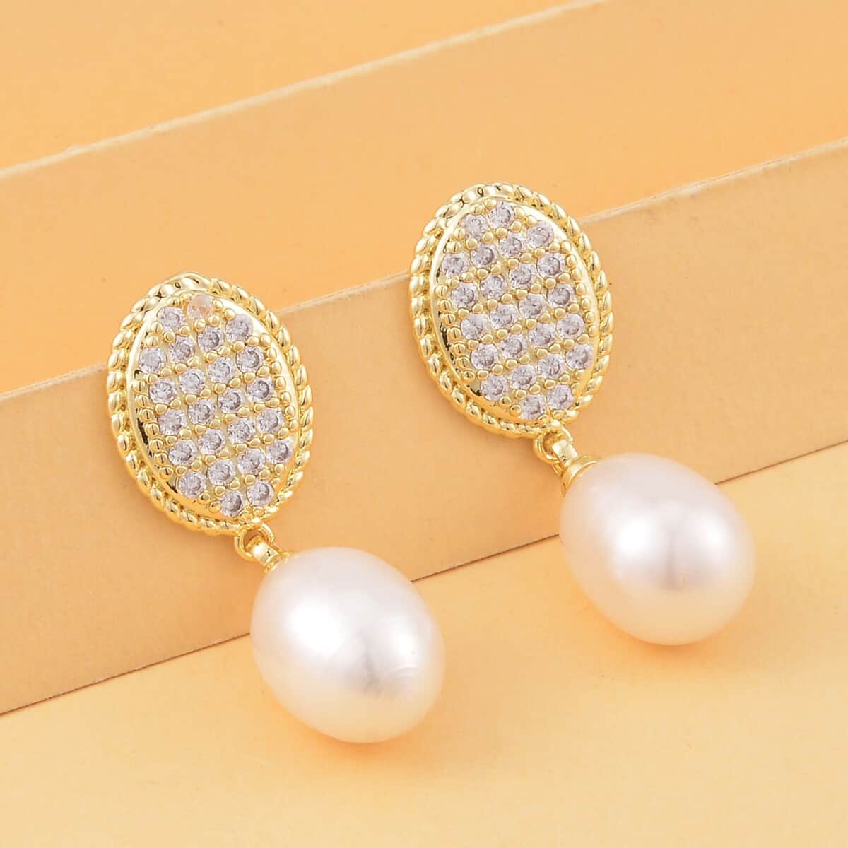 Freshwater Pearl and Simulated Diamond Drop Earrings in Goldtone 0.10 ctw image number 1