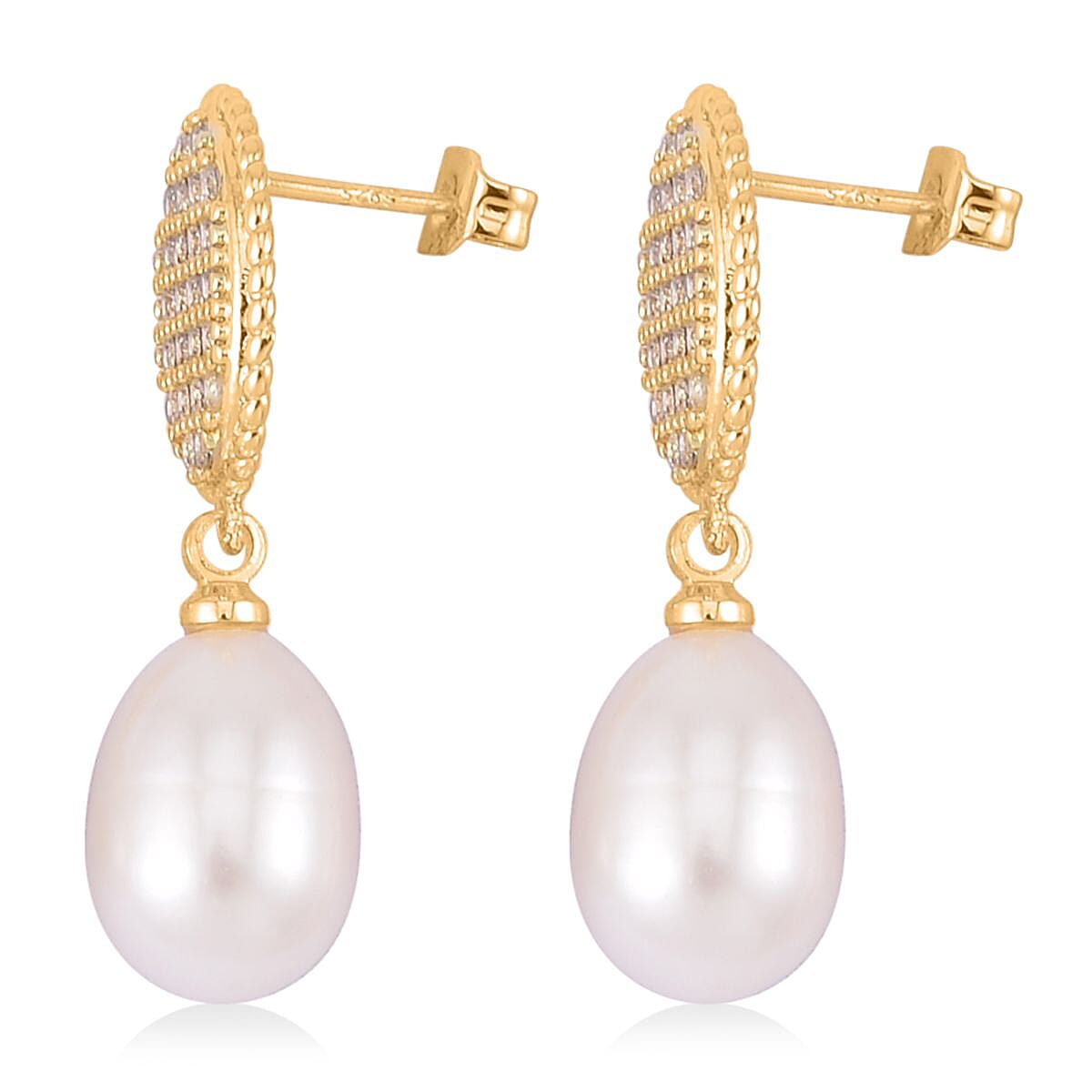 Freshwater Pearl and Simulated Diamond 0.10 ctw Drop Earrings in Goldtone