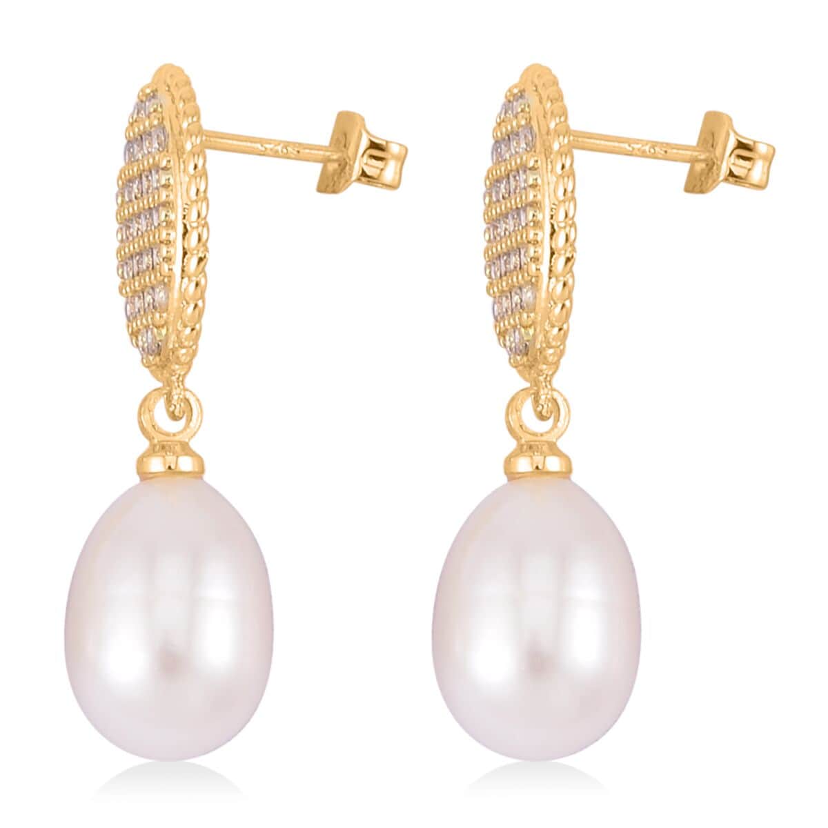 Freshwater Pearl and Simulated Diamond Drop Earrings in Goldtone 0.10 ctw image number 3