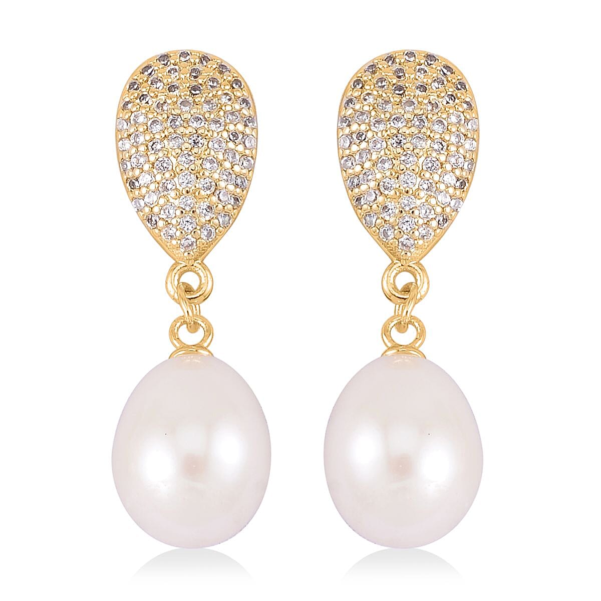 Freshwater Pearl and Simulated Diamond Drop Earrings in Goldtone 0.10 ctw
