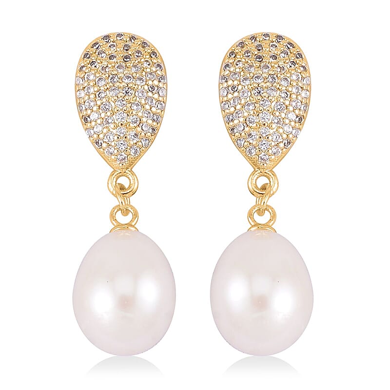 Freshwater Pearl and Simulated Diamond Drop Earrings in Goldtone 0.10 ctw