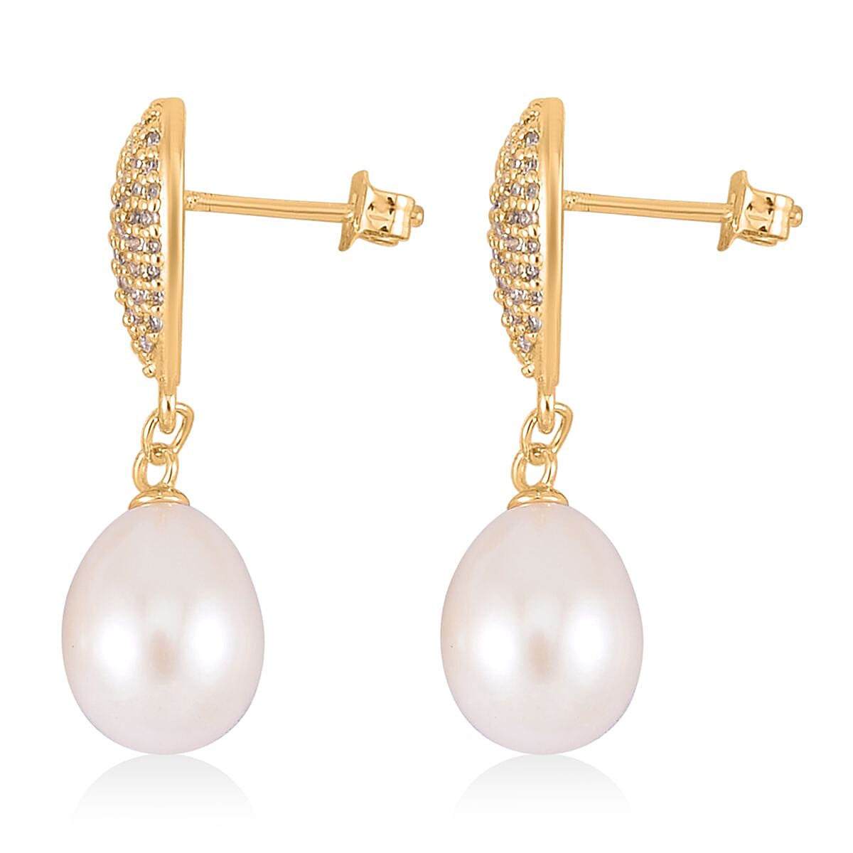 Freshwater Pearl and Simulated Diamond Drop Earrings in Goldtone 0.10 ctw