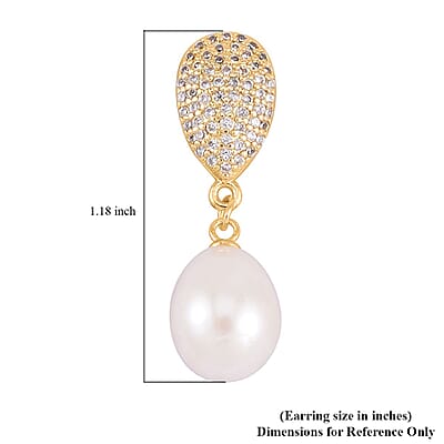 Freshwater Pearl and Simulated Diamond Drop Earrings in Goldtone 0.10 ctw