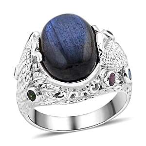 Labradorite and Multi Gemstone 10.63 ctw Ring in Sterling Silver (Size 5.5)
