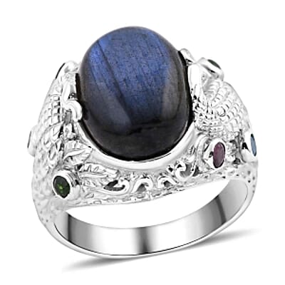 Labradorite and Multi Gemstone 10.63 ctw Ring in Sterling Silver (Size 5.5)