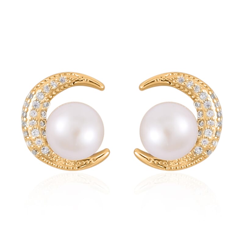 White Freshwater Pearl, Simulated Diamond Celestial Earrings in Goldtone 0.10 ctw