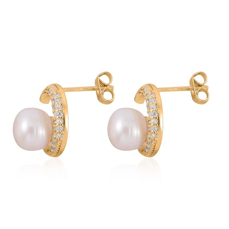White Freshwater Pearl, Simulated Diamond Celestial Earrings in Goldtone 0.10 ctw