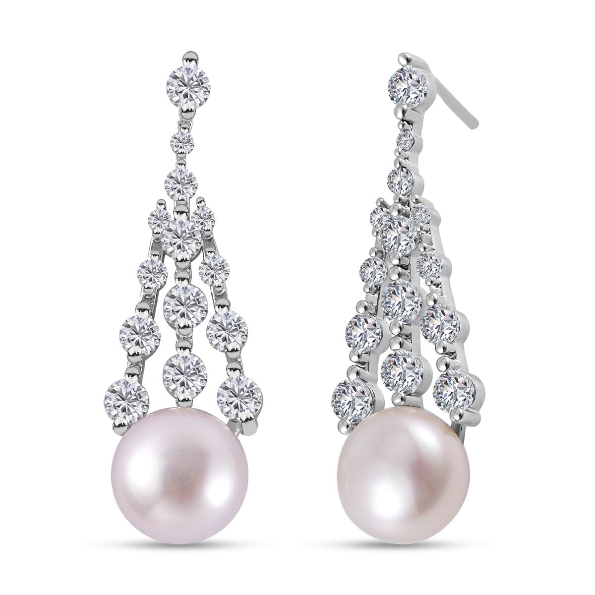 White Freshwater Pearl and Simulated Diamond Earrings in Silvertone 0.60 ctw image number 0