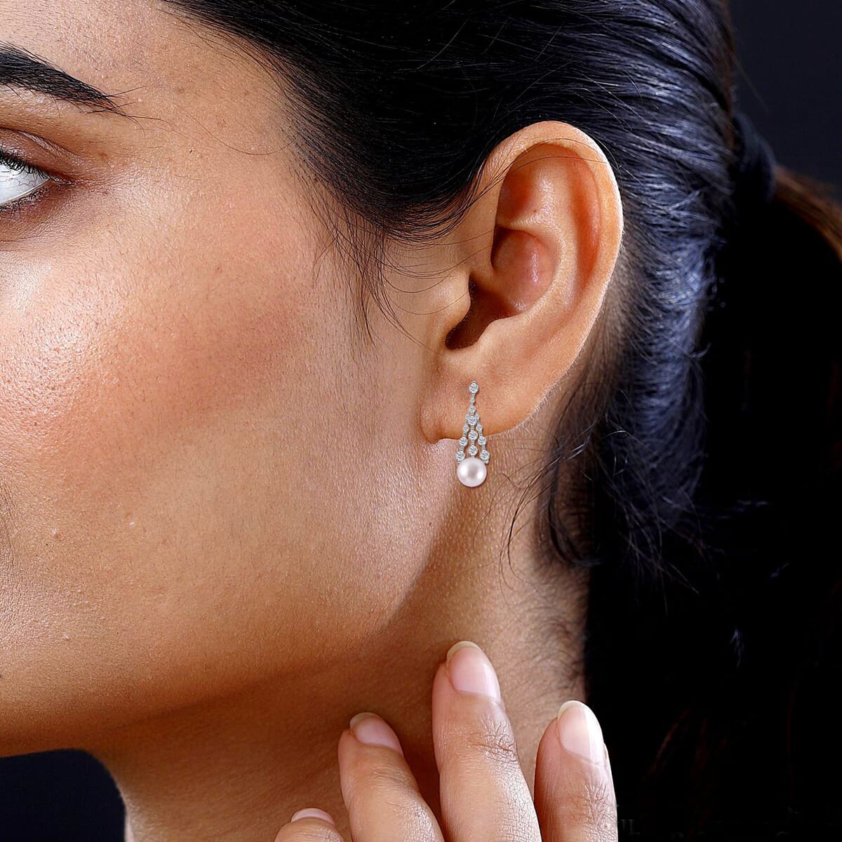 White Freshwater Pearl and Simulated Diamond Earrings in Silvertone 0.60 ctw image number 2