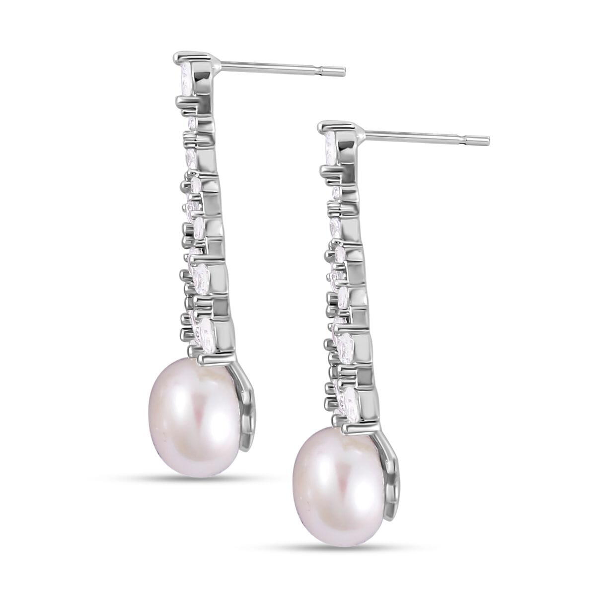 White Freshwater Pearl and Simulated Diamond Earrings in Silvertone 0.60 ctw image number 3