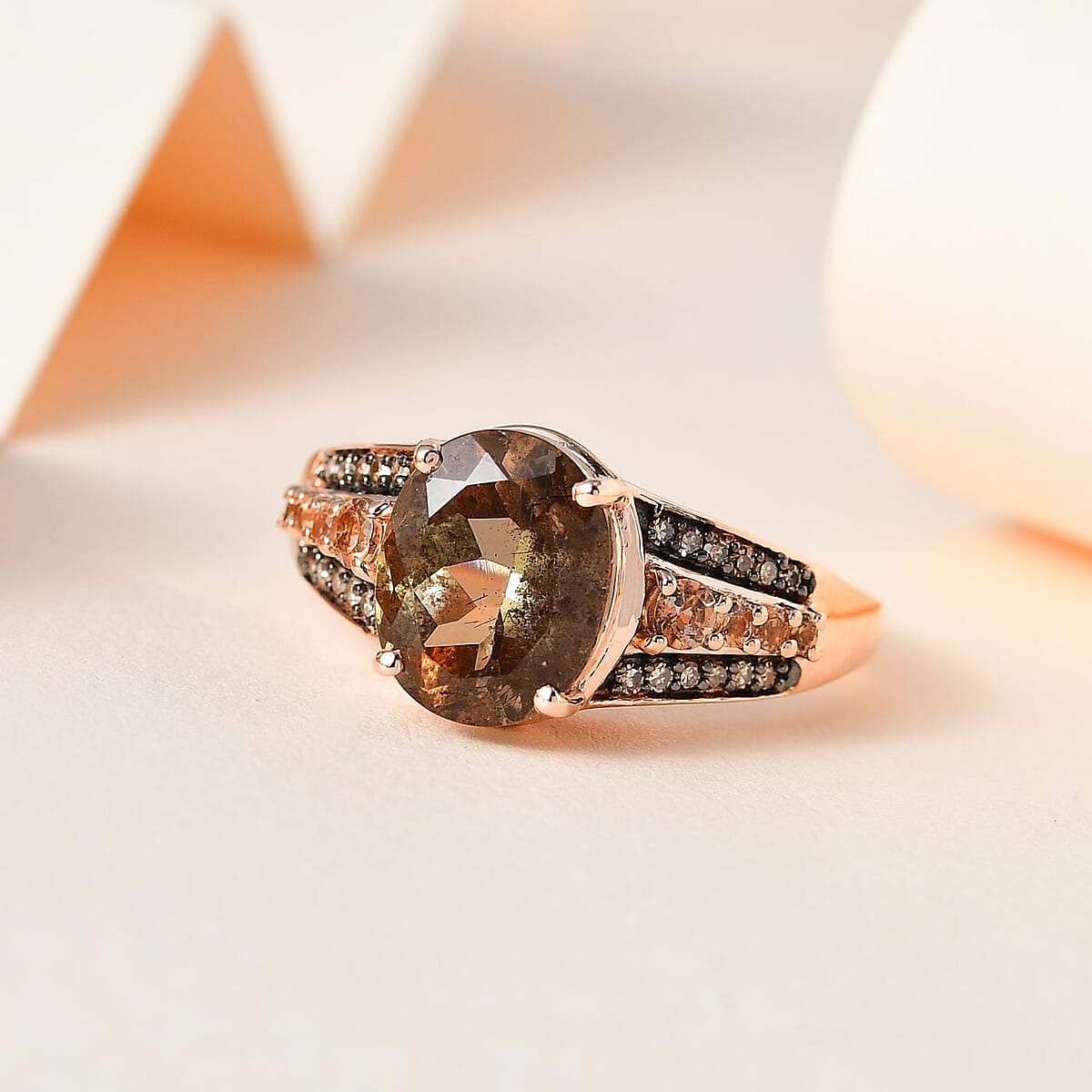 Premium Jenipapo Andalusite and Natural Champagne Diamond Ring in Vermeil Rose Gold Over Sterling Silver (Size 9.0) 3.50 ctw image number 1