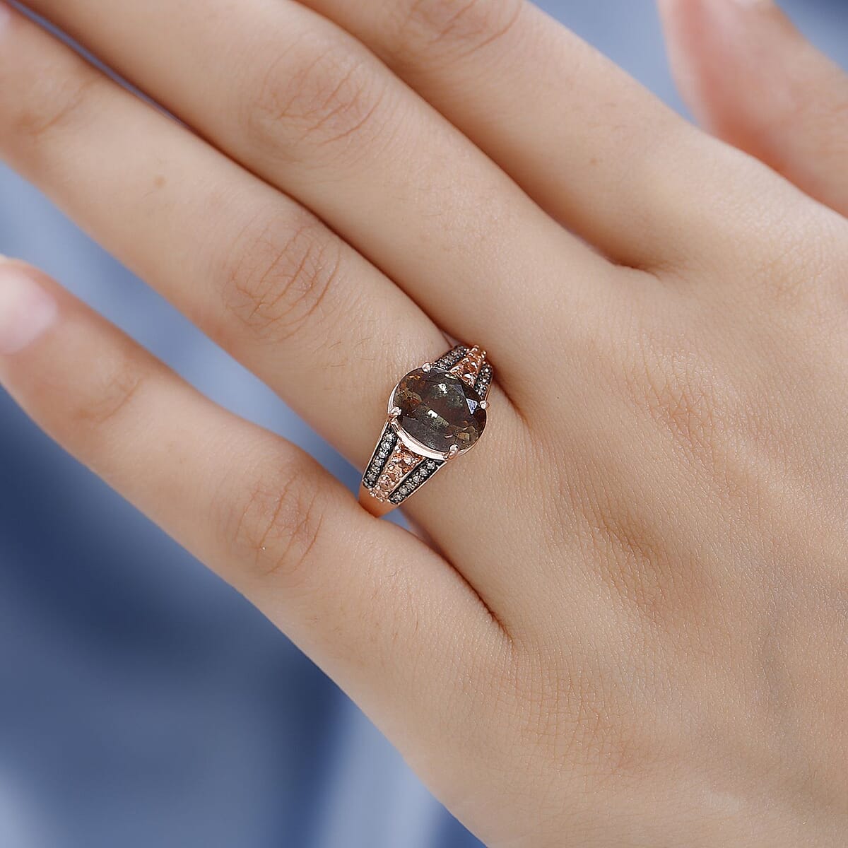 Premium Jenipapo Andalusite and Natural Champagne Diamond Ring in Vermeil Rose Gold Over Sterling Silver (Size 9.0) 3.50 ctw image number 2