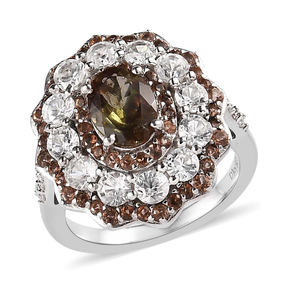 Premium Jenipapo Andalusite, White Zircon Ring in Platinum Over Sterling Silver (Size 10.0) 4.85 ctw image number 0