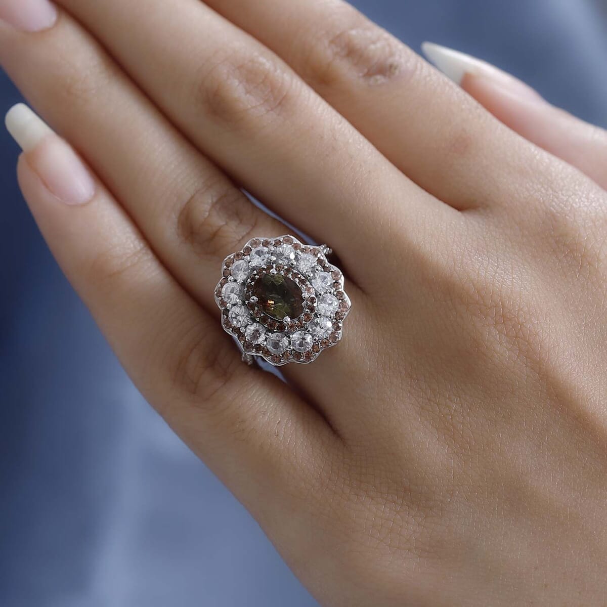 Premium Jenipapo Andalusite, White Zircon Ring in Platinum Over Sterling Silver (Size 10.0) 4.85 ctw image number 2