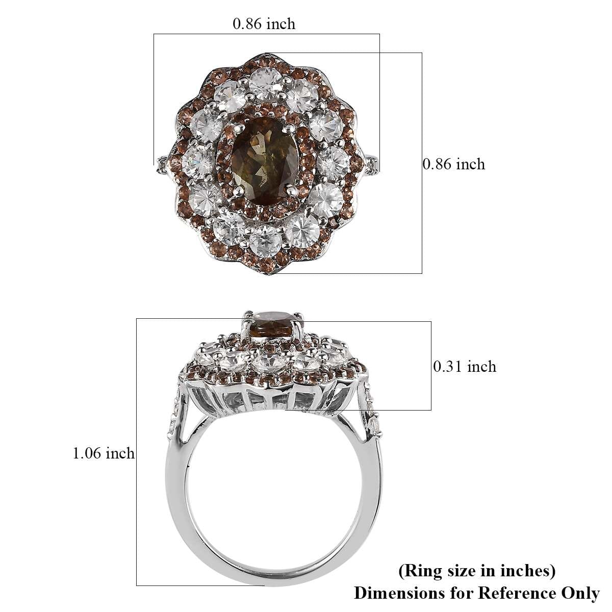Premium Jenipapo Andalusite, White Zircon Ring in Platinum Over Sterling Silver (Size 10.0) 4.85 ctw image number 5