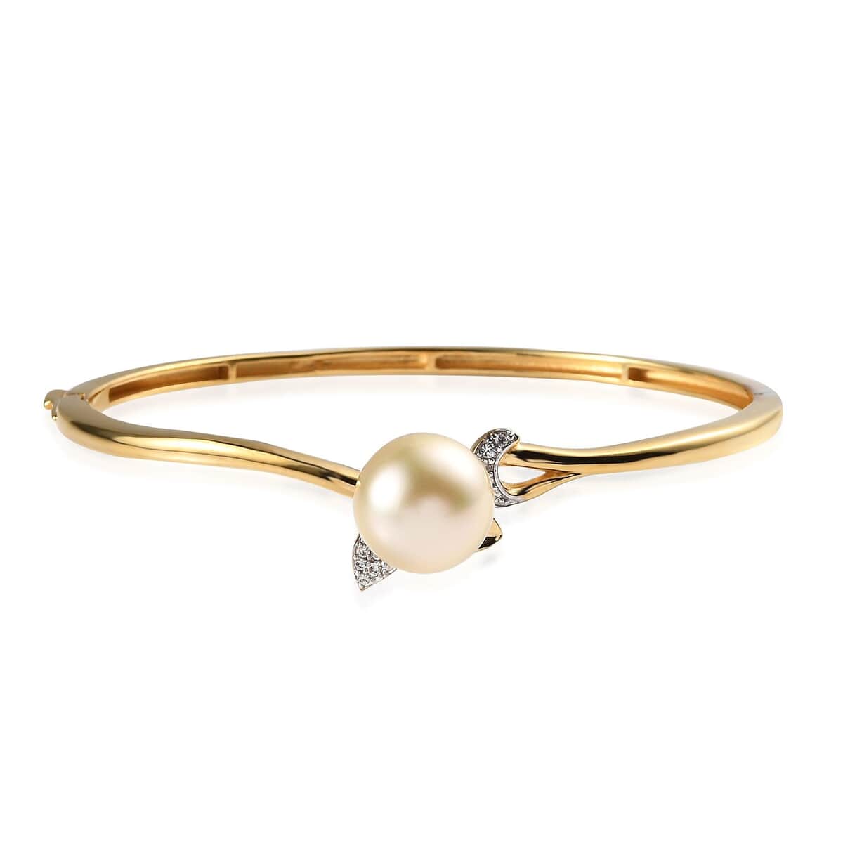 South Sea Golden Pearl and White Zircon Bangle Bracelet in Vermeil Yellow Gold Over Sterling Silver (7.25 In) 0.25 ctw image number 0