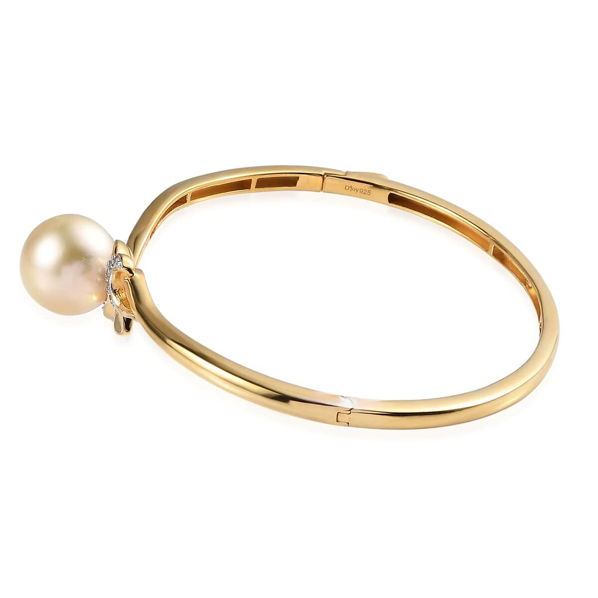 South Sea Golden Pearl and White Zircon Bangle Bracelet in Vermeil Yellow Gold Over Sterling Silver (7.25 In) 0.25 ctw image number 3